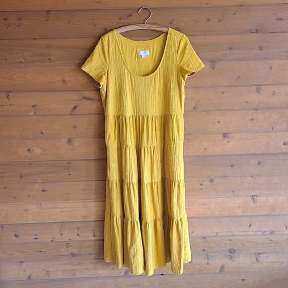 Anthropologie Maeve Gillian Mustard Yellow Tier Maxi Dress XLP Summer Boho Flowy - Picture 2 of 4